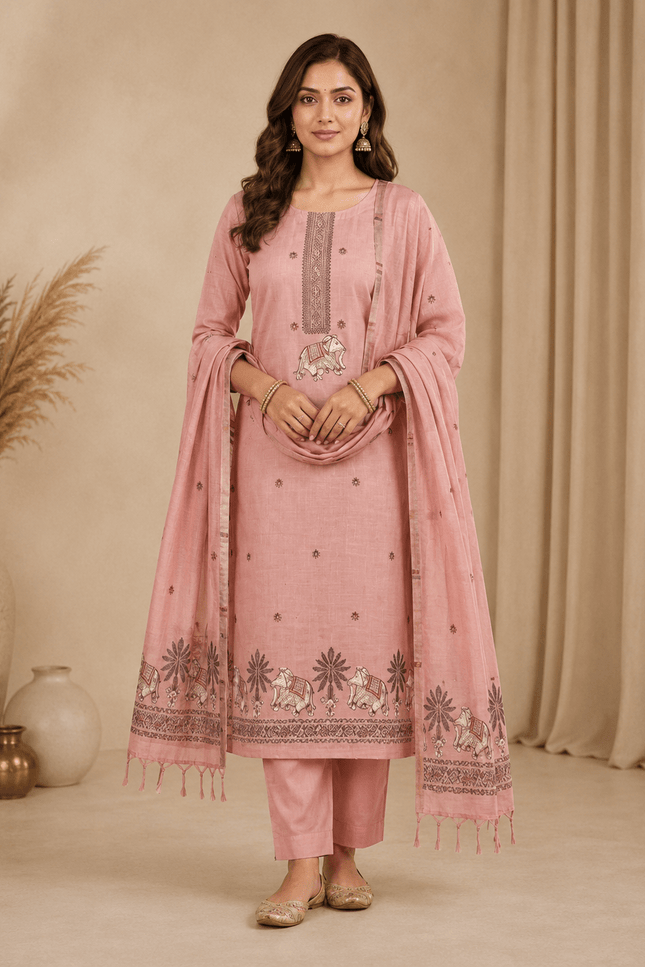 Muga Cotton Jamdani Pichwai Suit | Unstitched Dress Material - Rosepetals Luxe