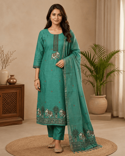 Muga Cotton Jamdani Pichwai Suit | Unstitched Dress Material - Rosepetals Luxe