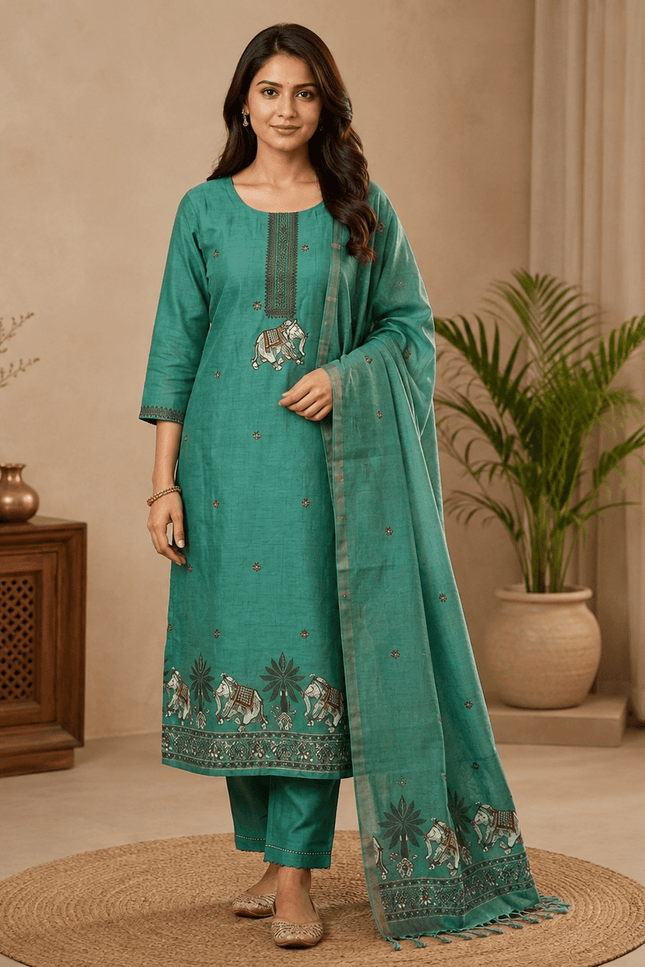 Muga Cotton Jamdani Pichwai Suit | Unstitched Dress Material - Rosepetals Luxe