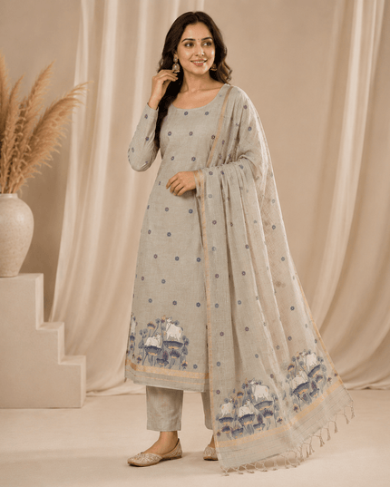 Muga Cotton Jamdani Pichwai Suit | Unstitched Dress Material - Rosepetals Luxe