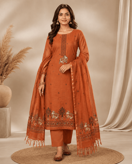Muga Cotton Jamdani Pichwai Suit | Unstitched Dress Material - Rosepetals Luxe