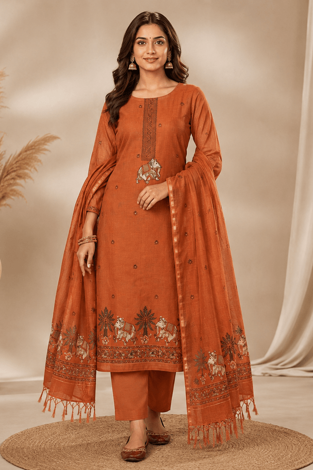 Muga Cotton Jamdani Pichwai Suit | Unstitched Dress Material - Rosepetals Luxe