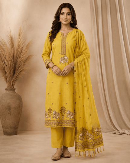 Muga Cotton Jamdani Pichwai Suit | Unstitched Dress Material - Rosepetals Luxe