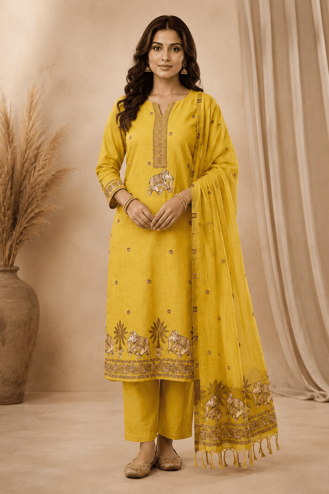 Muga Cotton Jamdani Pichwai Suit | Unstitched Dress Material - Rosepetals Luxe