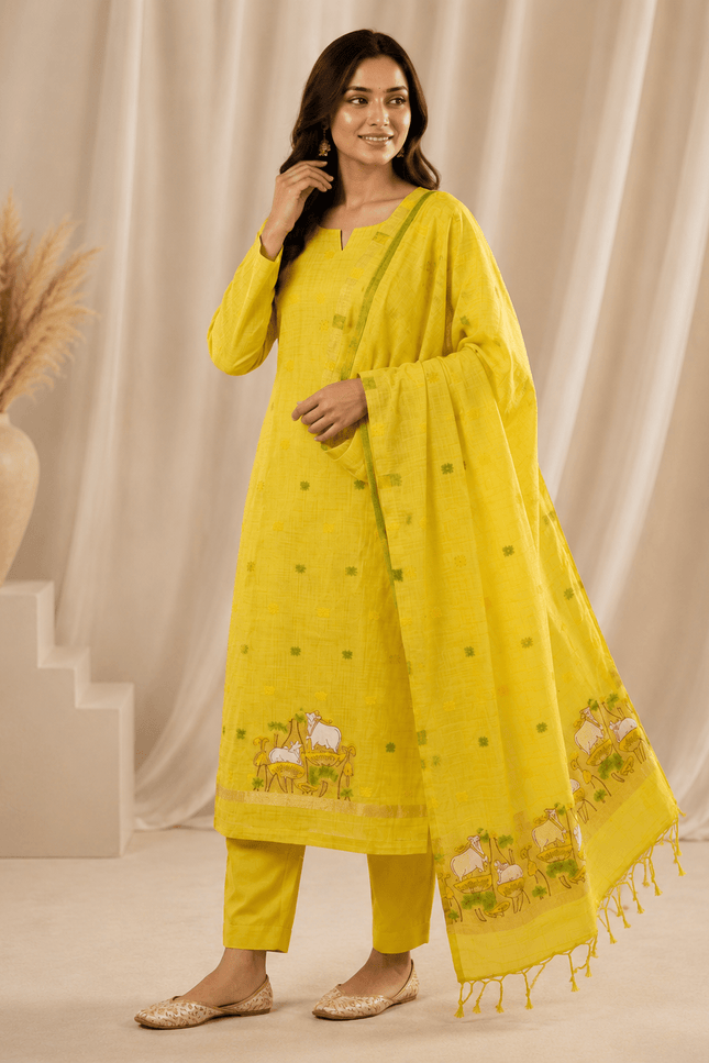Muga Cotton Jamdani Pichwai Suit | Unstitched Dress Material - Rosepetals Luxe