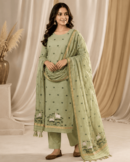 Muga Cotton Jamdani Pichwai Suit | Unstitched Dress Material - Rosepetals Luxe