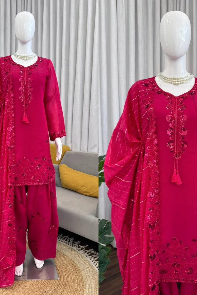 Mul Chanderi Farshi Plazo Set | Thread & Sequence Embroidery | 3-Piece Ethnic Suit - Rosepetals Luxe