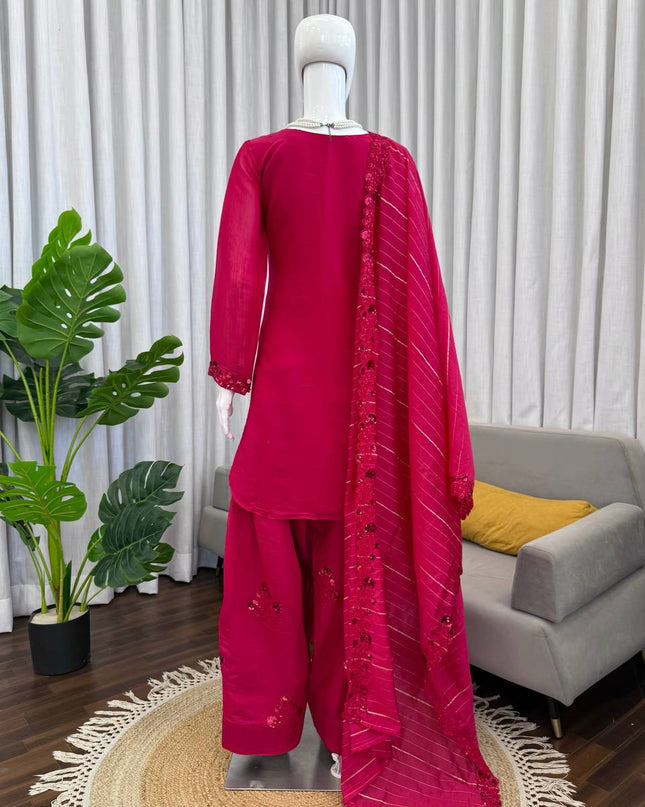 Mul Chanderi Farshi Plazo Set | Thread & Sequence Embroidery | 3-Piece Ethnic Suit - Rosepetals Luxe