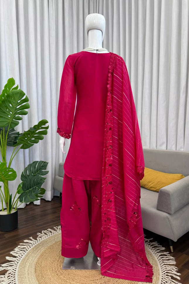 Mul Chanderi Farshi Plazo Set | Thread & Sequence Embroidery | 3-Piece Ethnic Suit - Rosepetals Luxe
