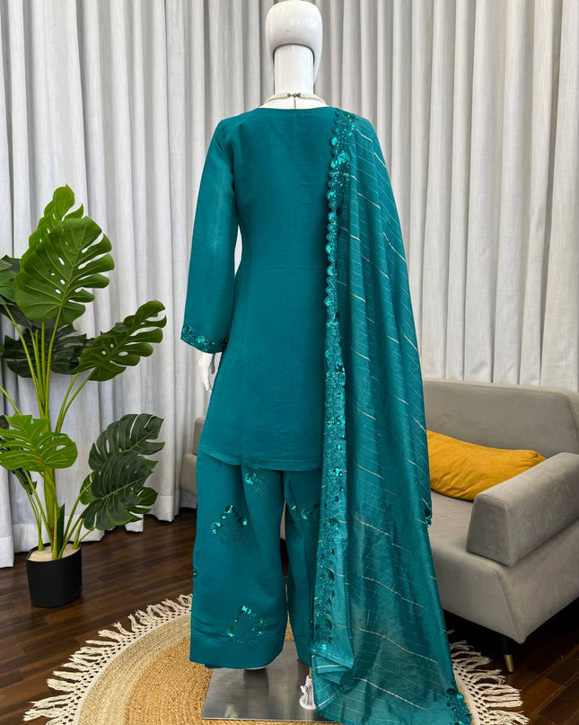 Mul Chanderi Farshi Plazo Set | Thread & Sequence Embroidery | 3-Piece Ethnic Suit - Rosepetals Luxe