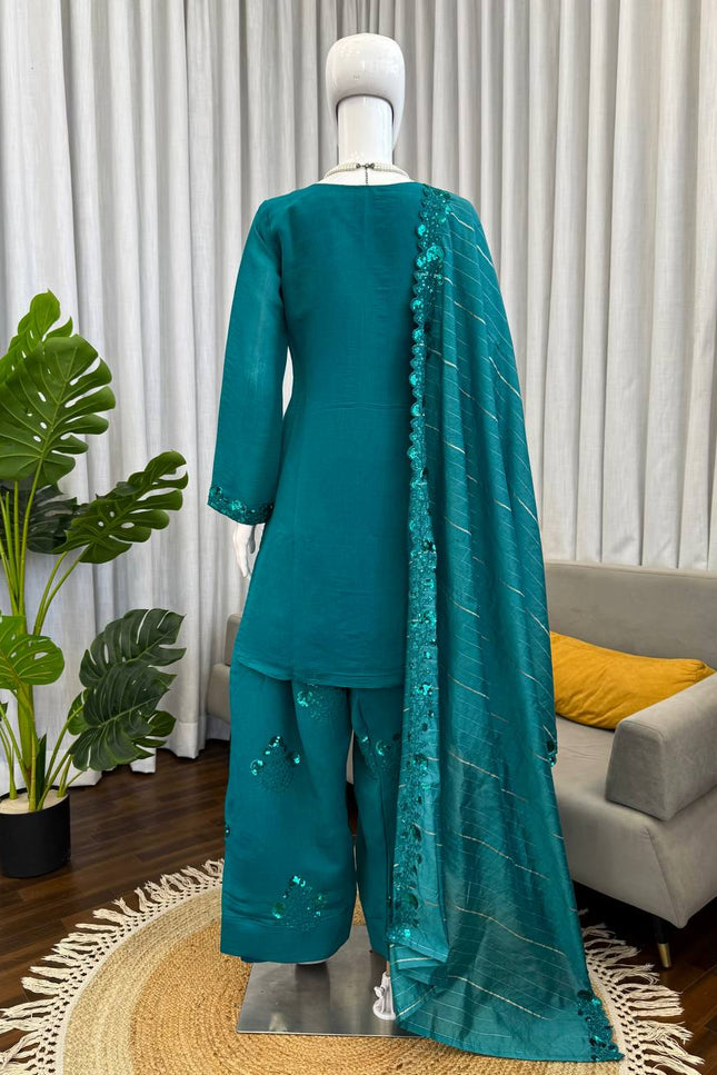 Mul Chanderi Farshi Plazo Set | Thread & Sequence Embroidery | 3-Piece Ethnic Suit - Rosepetals Luxe