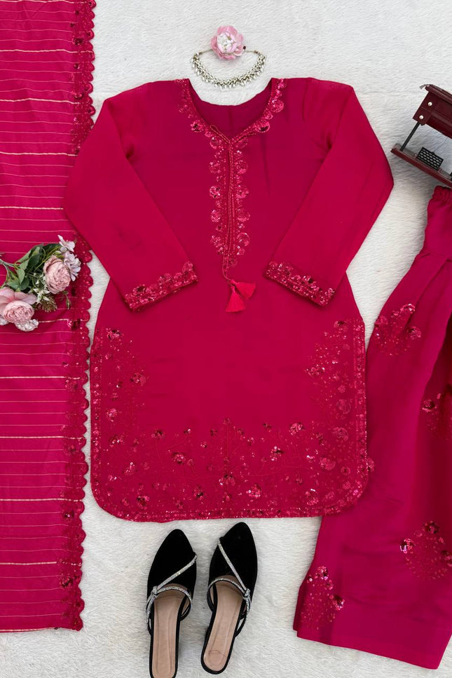 Mul Chanderi Farshi Plazo Set | Thread & Sequence Embroidery | 3-Piece Ethnic Suit - Rosepetals Luxe