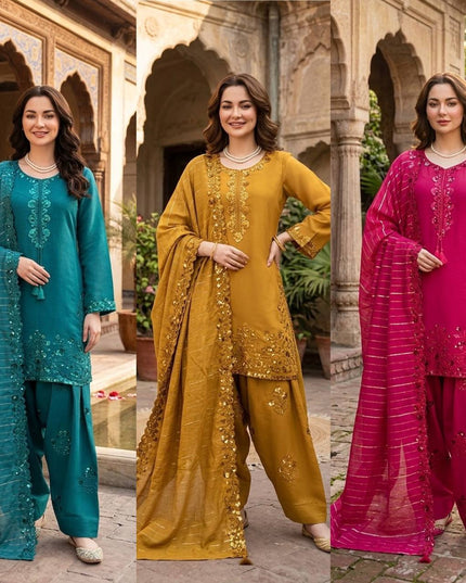 Mul Chanderi Farshi Plazo Set | Thread & Sequence Embroidery | 3-Piece Ethnic Suit - Rosepetals Luxe