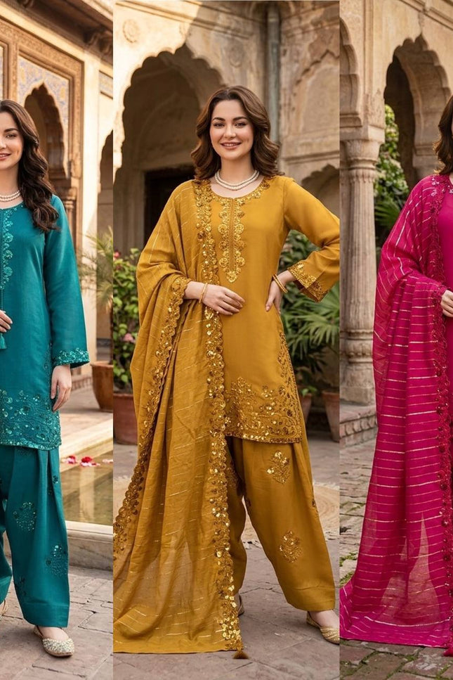 Mul Chanderi Farshi Plazo Set | Thread & Sequence Embroidery | 3-Piece Ethnic Suit - Rosepetals Luxe