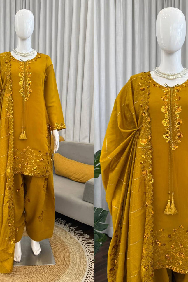 Mul Chanderi Farshi Plazo Set | Thread & Sequence Embroidery | 3-Piece Ethnic Suit - Rosepetals Luxe