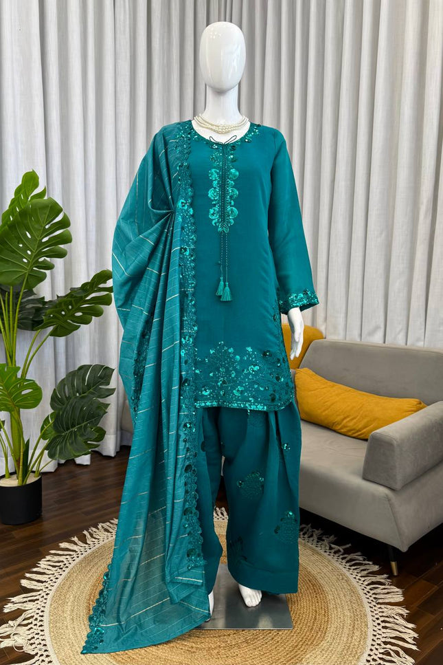Mul Chanderi Farshi Plazo Set | Thread & Sequence Embroidery | 3-Piece Ethnic Suit - Rosepetals Luxe