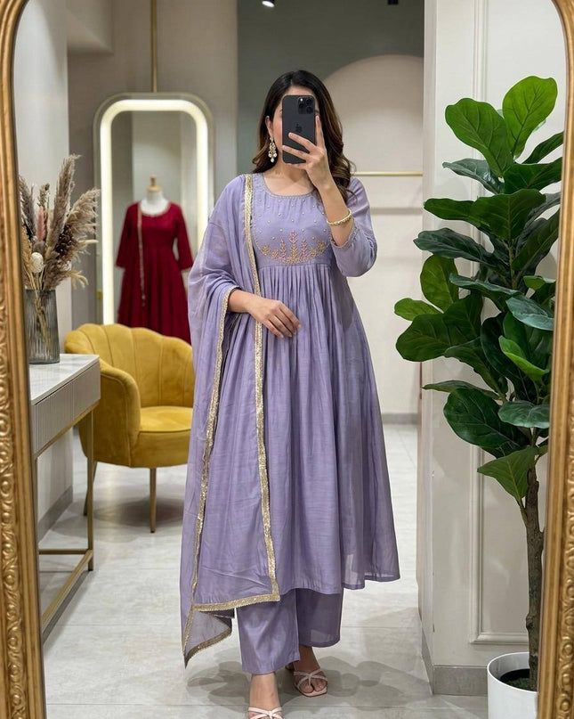 Mul Chanderi Handwork Kurti Set with Roman Silk Bottom and Dupatta - Rosepetals Luxe