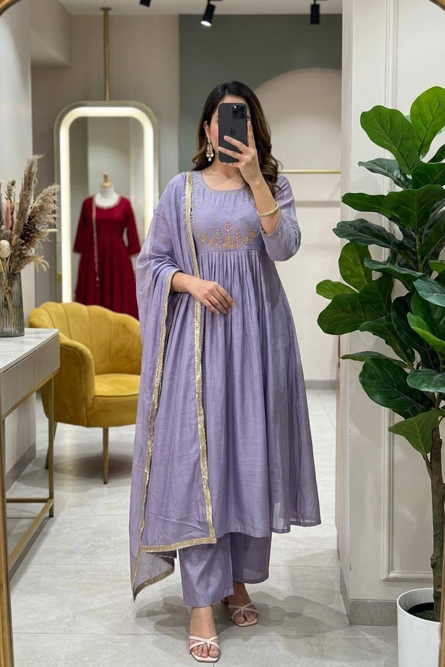 Mul Chanderi Handwork Kurti Set with Roman Silk Bottom and Dupatta - Rosepetals Luxe