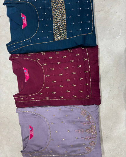 Mul Chanderi Handwork Kurti Set with Roman Silk Bottom and Dupatta - Rosepetals Luxe