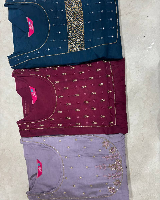 Mul Chanderi Handwork Kurti Set with Roman Silk Bottom and Dupatta - Rosepetals Luxe