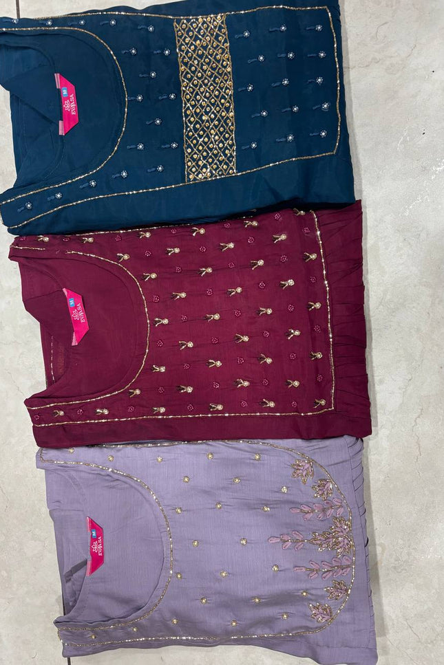 Mul Chanderi Handwork Kurti Set with Roman Silk Bottom and Dupatta - Rosepetals Luxe