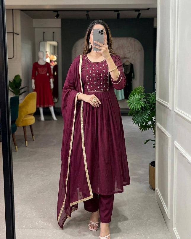 Mul Chanderi Handwork Kurti Set with Roman Silk Bottom and Dupatta - Rosepetals Luxe