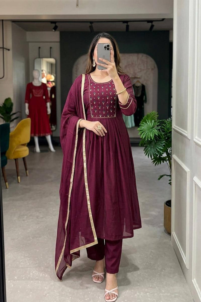 Mul Chanderi Handwork Kurti Set with Roman Silk Bottom and Dupatta - Rosepetals Luxe