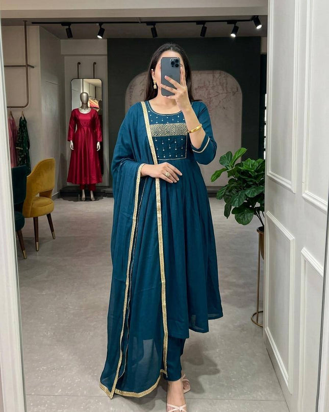 Mul Chanderi Handwork Kurti Set with Roman Silk Bottom and Dupatta - Rosepetals Luxe