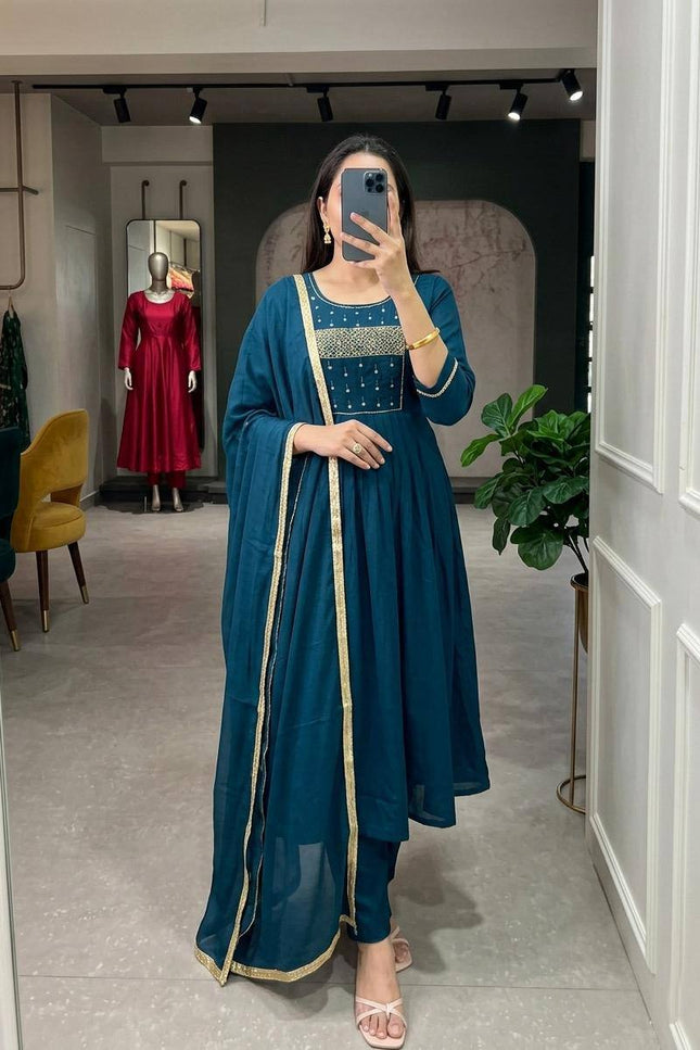 Mul Chanderi Handwork Kurti Set with Roman Silk Bottom and Dupatta - Rosepetals Luxe