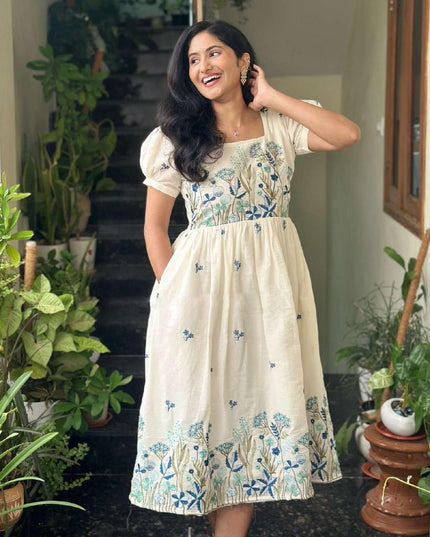 Mul Cotton Embroidery Designer Gown | Patterned Sleeves | Micro Cotton Inner | Blue, Yellow & Pink - Rosepetals Luxe