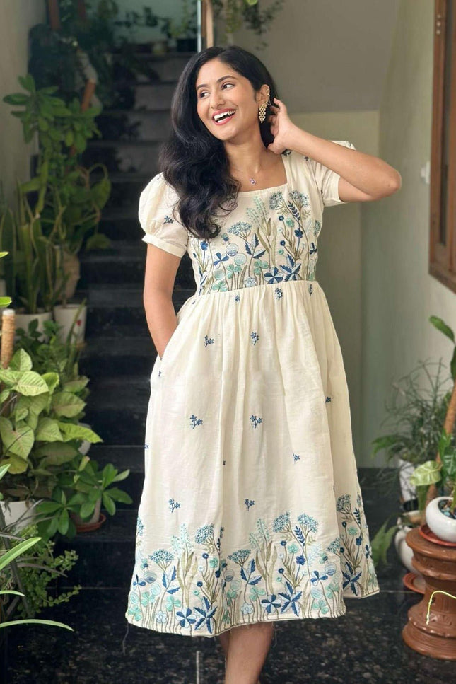 Mul Cotton Embroidery Designer Gown | Patterned Sleeves | Micro Cotton Inner | Blue, Yellow & Pink - Rosepetals Luxe