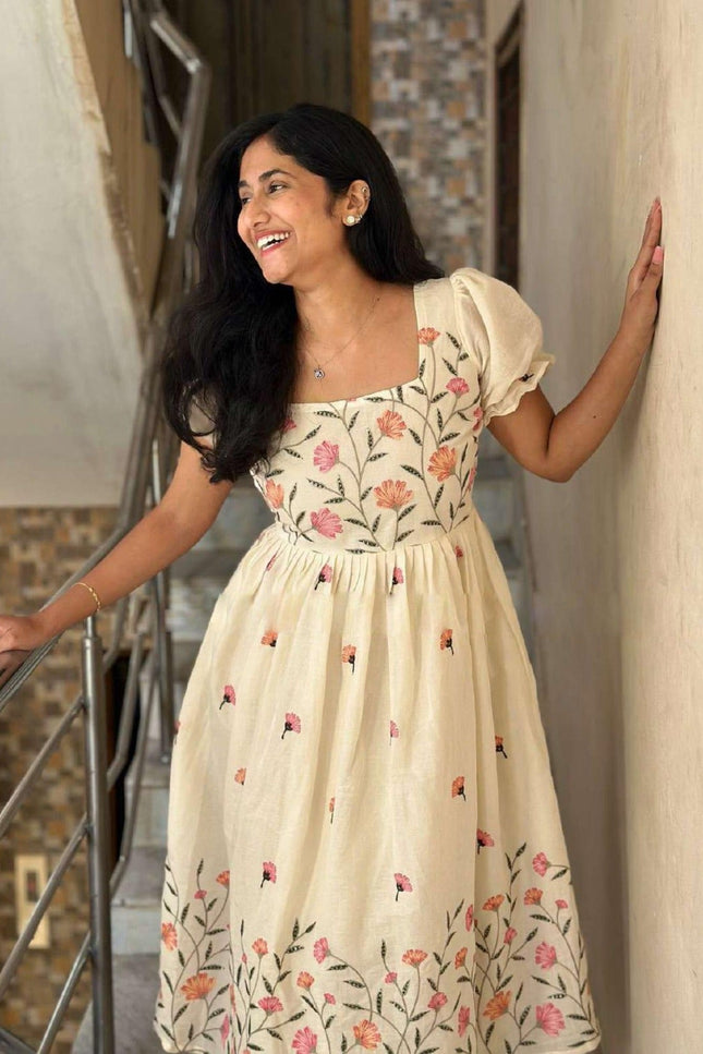 Mul Cotton Embroidery Designer Gown | Patterned Sleeves | Micro Cotton Inner | Blue, Yellow & Pink - Rosepetals Luxe