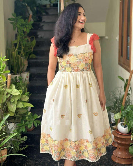 Mul Cotton Embroidery Designer Gown | Patterned Sleeves | Micro Cotton Inner | Blue, Yellow & Pink - Rosepetals Luxe