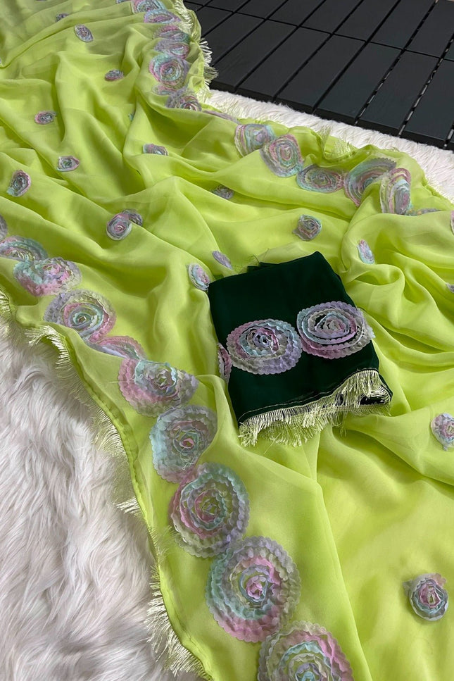 Multicolour Floral Georgette Saree with Lace Border - Rosepetals Luxe
