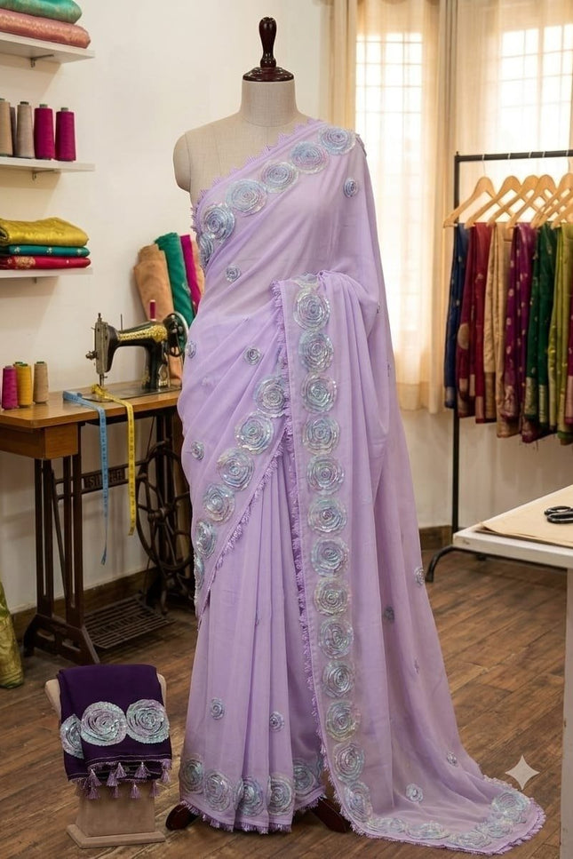 Multicolour Floral Georgette Saree with Lace Border - Rosepetals Luxe