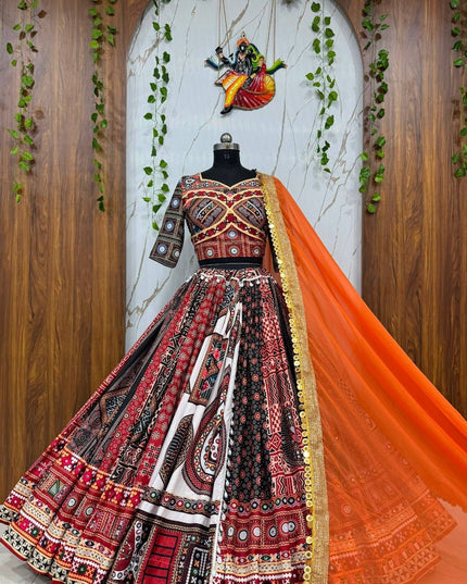 Muslin Cotton Lehenga Choli – Digital Print & Real Mirror Work with Georgette Dupatta - Rosepetals Luxe