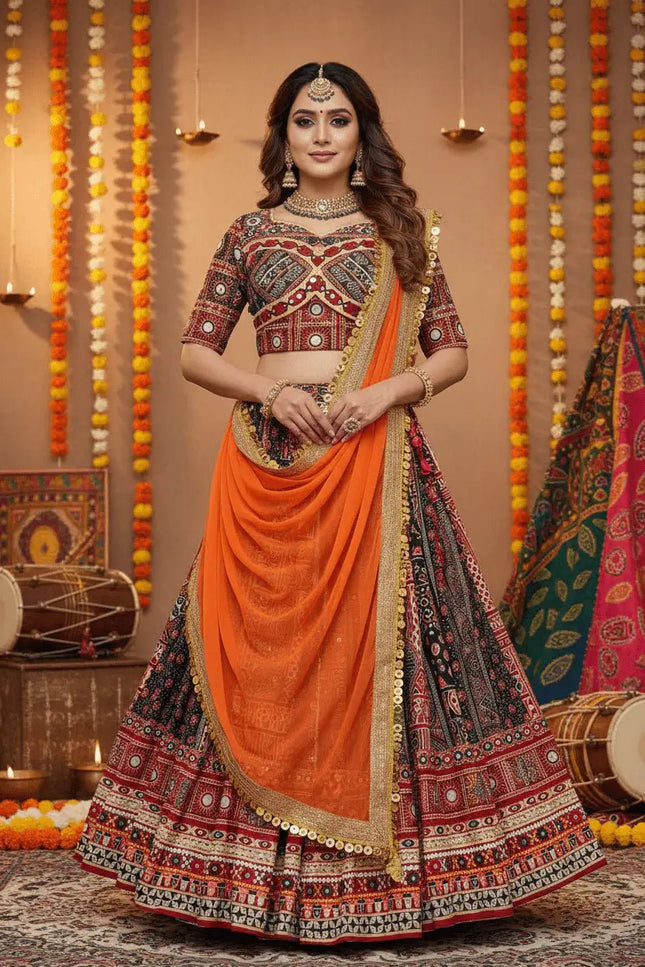 Muslin Cotton Lehenga Choli – Digital Print & Real Mirror Work with Georgette Dupatta - Rosepetals Luxe