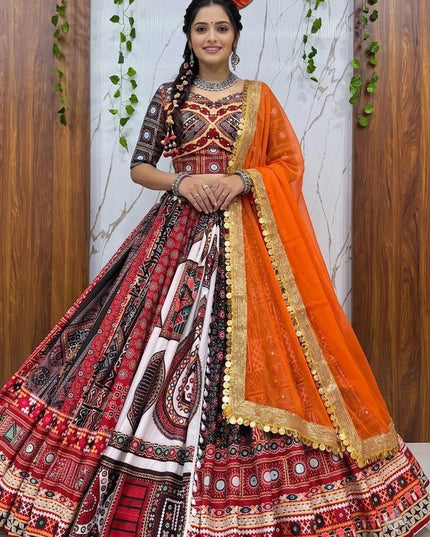 Muslin Cotton Lehenga Choli – Digital Print & Real Mirror Work with Georgette Dupatta - Rosepetals Luxe