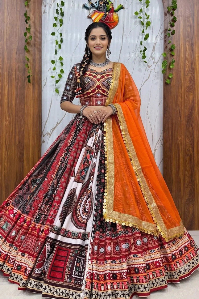 Muslin Cotton Lehenga Choli – Digital Print & Real Mirror Work with Georgette Dupatta - Rosepetals Luxe