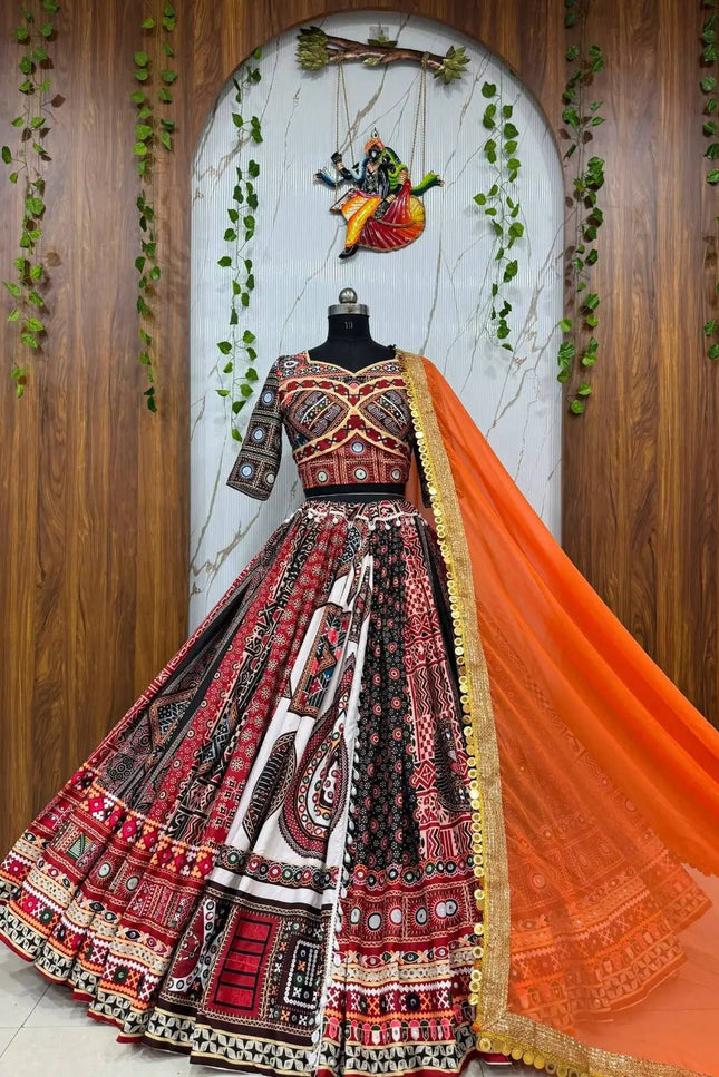 Muslin Cotton Lehenga Choli – Digital Print & Real Mirror Work with Georgette Dupatta - Rosepetals Luxe