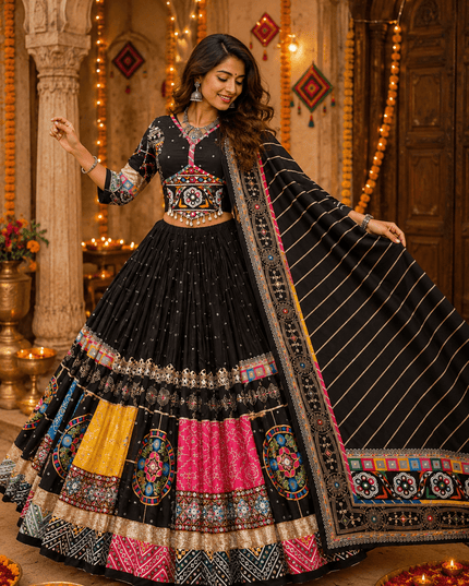 Muslin Cotton Lehenga Choli | Mirror Work & Dupatta | Navratri - Rosepetals Luxe