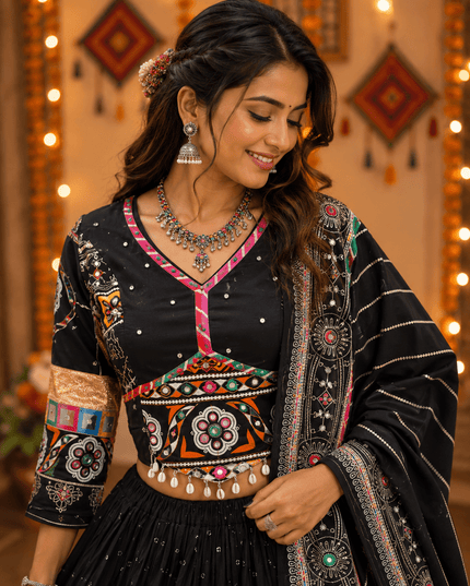 Muslin Cotton Lehenga Choli | Mirror Work & Dupatta | Navratri - Rosepetals Luxe