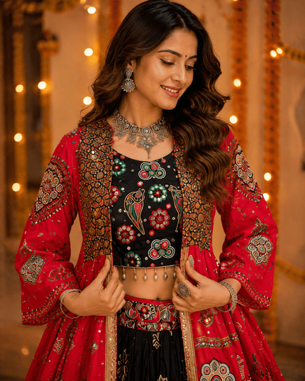 Muslin Cotton Lehenga Choli | Mirror Work & Shrug | Navratri - Rosepetals Luxe