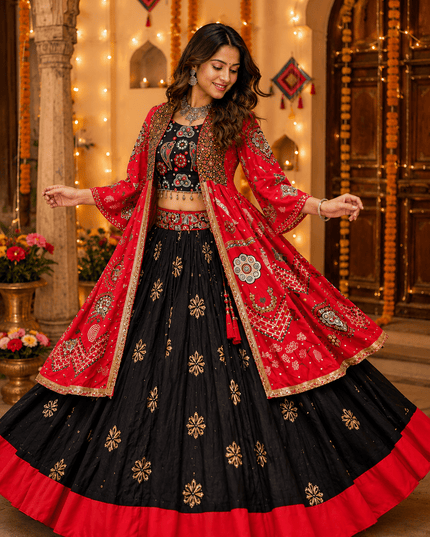 Muslin Cotton Lehenga Choli | Mirror Work & Shrug | Navratri - Rosepetals Luxe