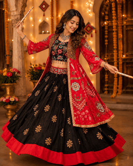 Muslin Cotton Lehenga Choli | Mirror Work & Shrug | Navratri - Rosepetals Luxe