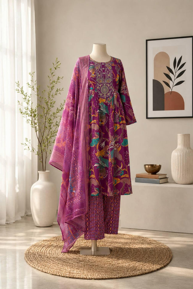 Muslin Printed Embroidered Kurta Set | 3-Piece Festive Suit - Rosepetals Luxe