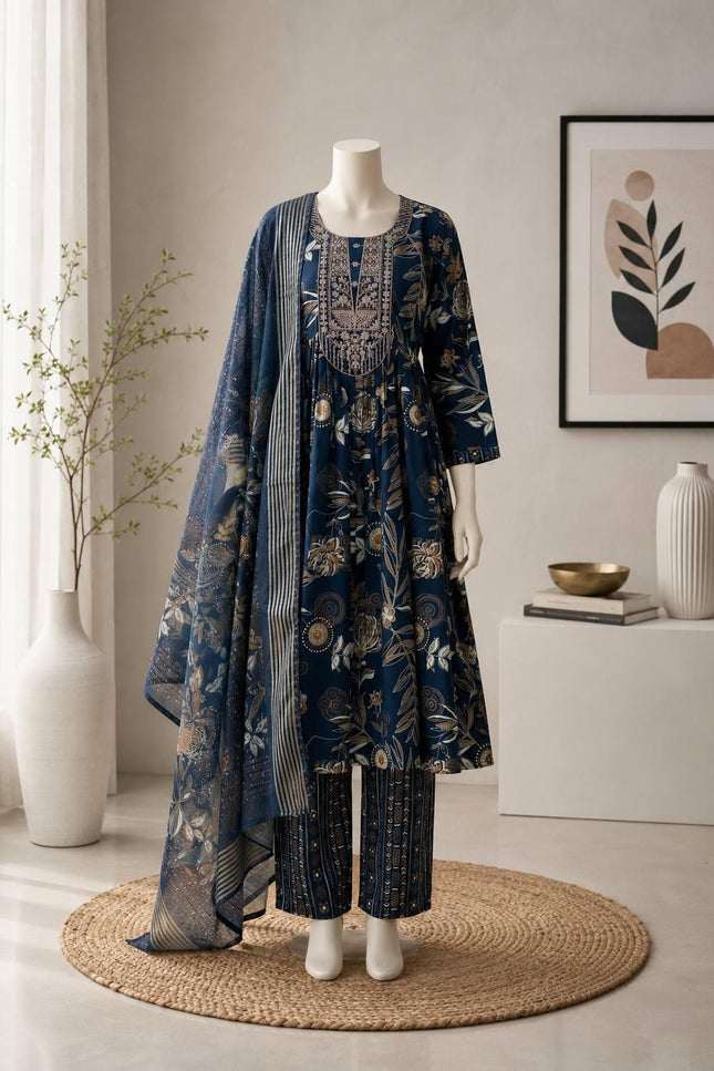 Muslin Printed Embroidered Kurta Set | 3-Piece Festive Suit - Rosepetals Luxe