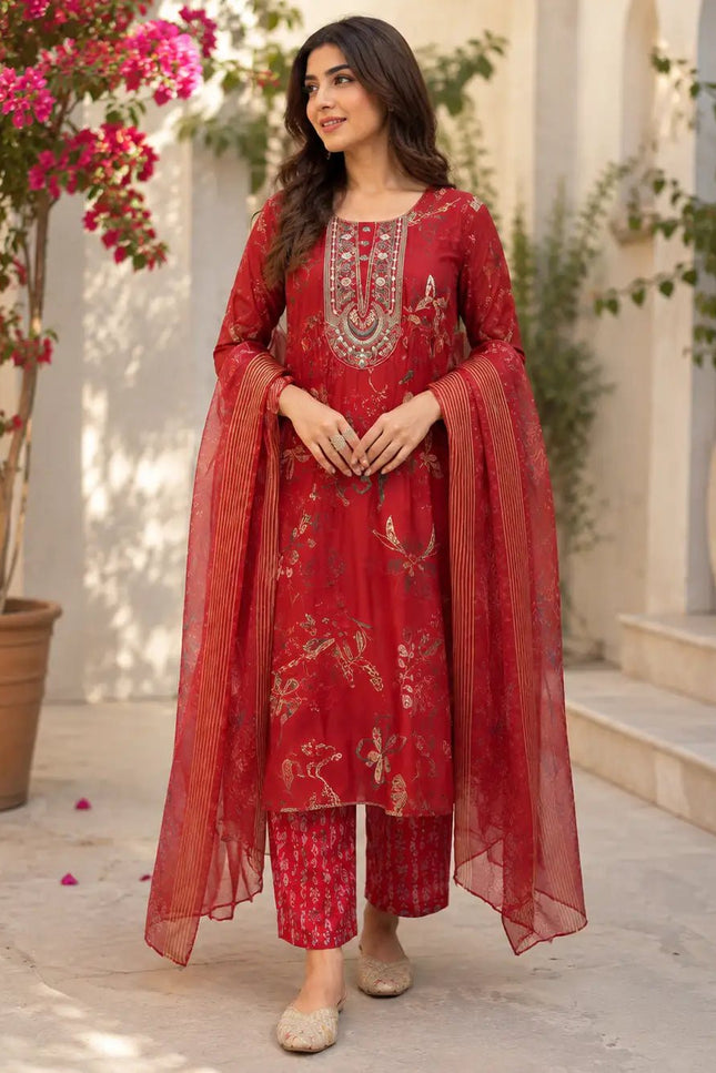 Muslin Printed Embroidered Kurta Set | 3-Piece Festive Suit - Rosepetals Luxe