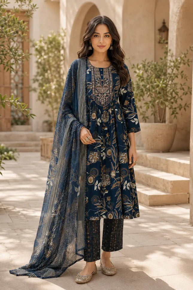 Muslin Printed Embroidered Kurta Set | 3-Piece Festive Suit - Rosepetals Luxe