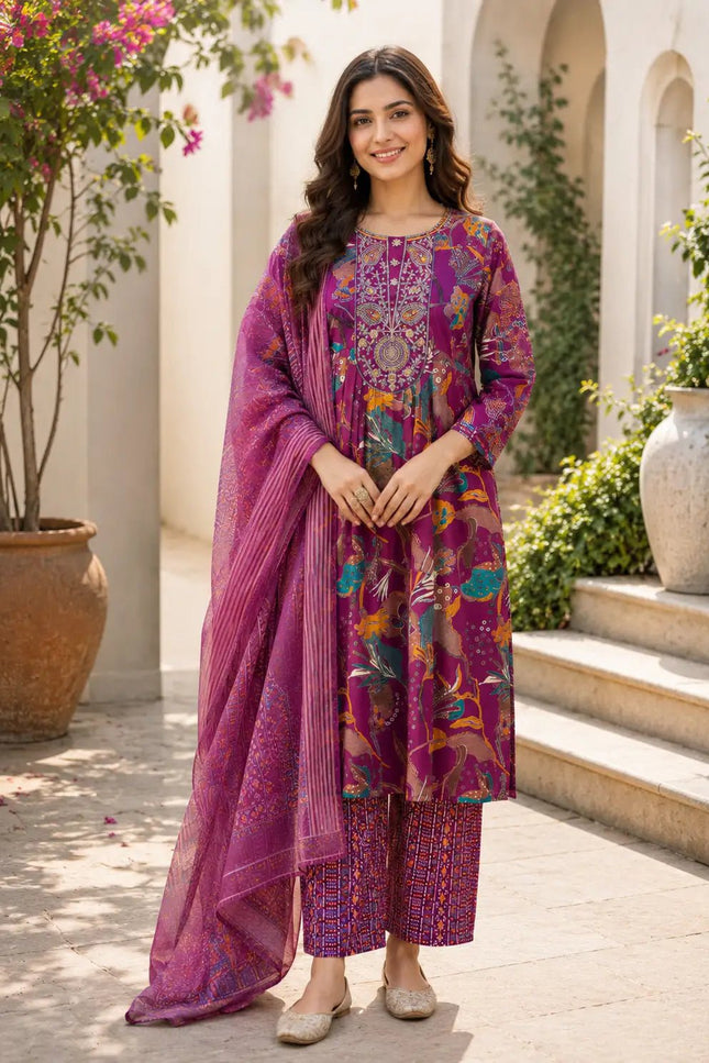 Muslin Printed Embroidered Kurta Set | 3-Piece Festive Suit - Rosepetals Luxe